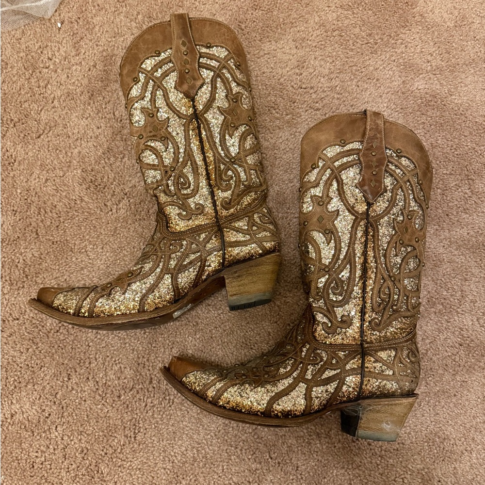 Brown and Gold Embellished Cowboy Boots